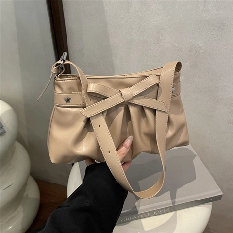 Dames Ruched Boog Schoudertas PU Leer Okseltas Met Sternagels Geplooid Zoete Stijlvolle Handtas