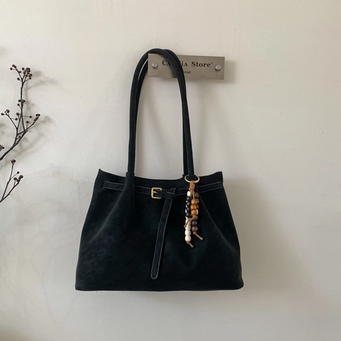 Borsa Tote in Pelle PU Retrò da Donna Grande Capacità Borsa a Tracolla Minimalista Con Ciondolo in Legno Borsa da Lavoro Giornaliera