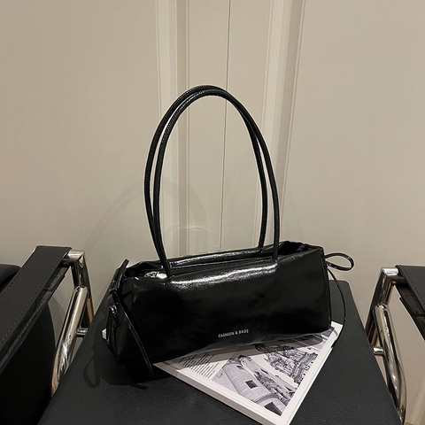 Borsa Sottospalla da Donna in Pelle PU Lucida Minimalista Baguette Tracolla Decorazione con Fiocco Laterale Moda Pendolare
