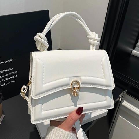 Women PU Leather Small Square Shoulder Bag Knot Handle Minimalist Gold Lock Crossbody Bag Commuter Handbag Elegant Purse