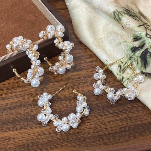 Elegantes Pendientes De Aro En Forma De C Con Perlas Artificiales De Imitación Y Cuentas De Cristal Cobre Dorado Para Mujeres Nicho