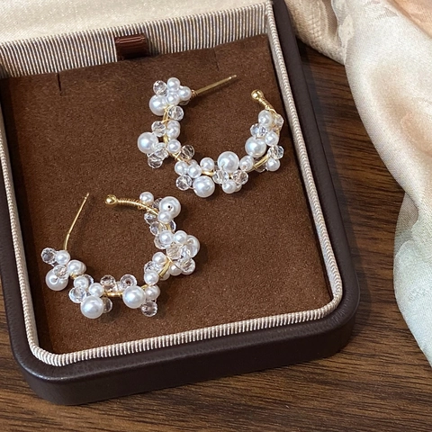 Elegantes Pendientes De Aro En Forma De C Con Perlas Artificiales De Imitación Y Cuentas De Cristal Cobre Dorado Para Mujeres Nicho