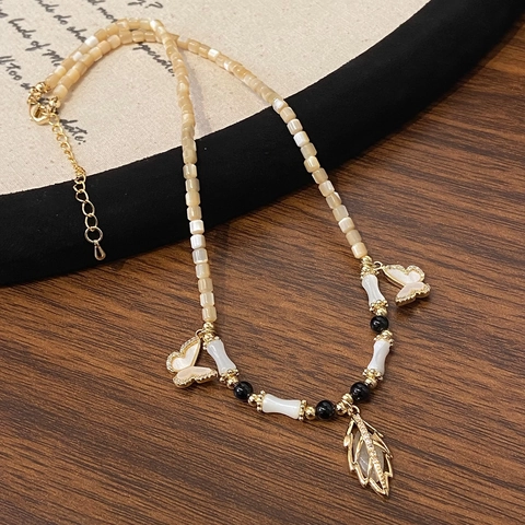 Vintage Beaded Necklace With Copper Leaf Shell Butterfly Pendants And Black Agate Beads For Women Bohemian Style