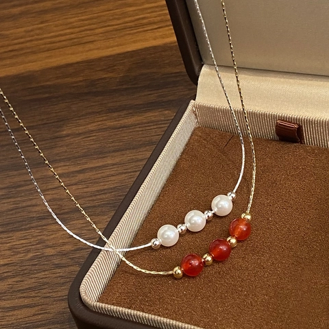Collana Con Pendente Perla Artificial Agata Rossa Rame Placcato Oro Reale Catena Per Clavicola Per Donna Gioielli Eleganti Semplici