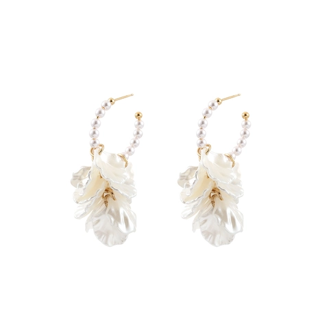 Floral Petal Dangle Earrings With 925 Sterling Silver Earring Post Copper Faux Artificial Pearl French Retro Style Elegant Accessory