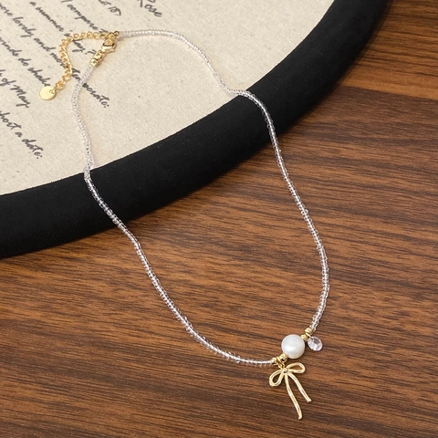 Elegante Collana Di Perline Con Fiocco In Rame E Perla Artificial Girocollo Placcato Oro Per Donna Gioielli Chic