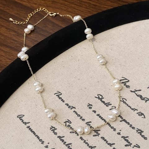 Elegant Freshwater Pearl Necklace Copper Gold Plated Simple Retro Clavicle Chain For Women Exquisite Jewelry