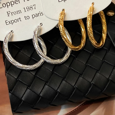 Orecchini A Cerchio Per Donna Texture Martellata Torta Metallo Rame Placcato Oro Argento Elegante Geometrico Rotondo