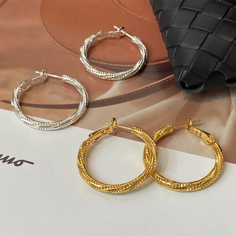 Orecchini A Cerchio Per Donna Texture Martellata Torta Metallo Rame Placcato Oro Argento Elegante Geometrico Rotondo