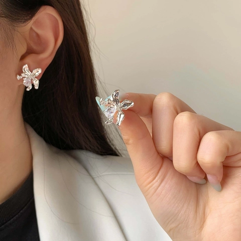 Vintage Orchid Flower Stud Earrings With 925 Sterling Silver Earring Post Copper Real Gold Plated Inlaid Pear Zircon Jewelry