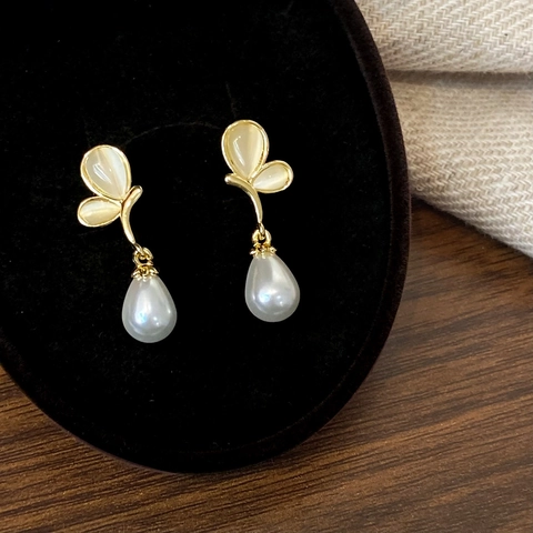 Butterfly Drop Earrings With Waterdrop Artificial Pearl And Cat Eye Stone Gold Plated Elegant Vintage Jewelry For Women
