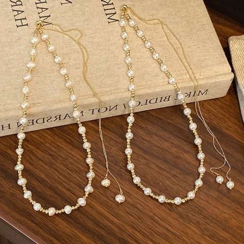 Elegant Y-Shape Adjustable Artificial Pearl Necklace Copper 14k Gold Plating White Artificial Pearls Minimalist Clavicle Chain For Women