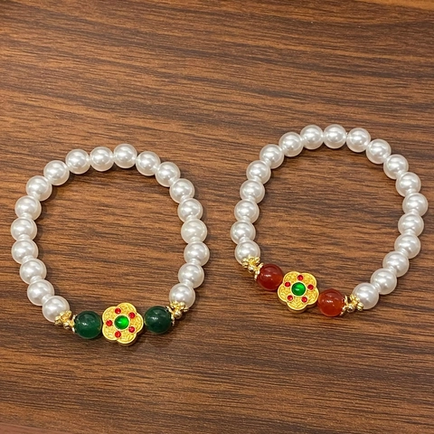 Bracciale Di Künstliche Perle Rame Con Perla Artificial Calcedonio Verde Agata Rossa Pendente Fiore Placcato Oro 14k Stile Cinese Gioielli Donna