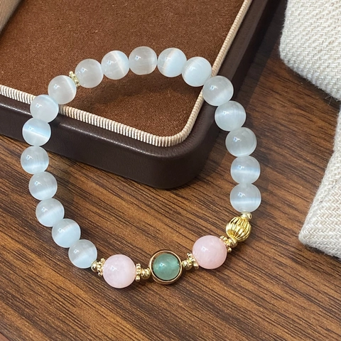 Bracciale Di Perline Fatto A Mano Pietra Occhio Di Gatto Quarzo Rosa Aventurina Verde Rame Placcato Oro 14K Elegante