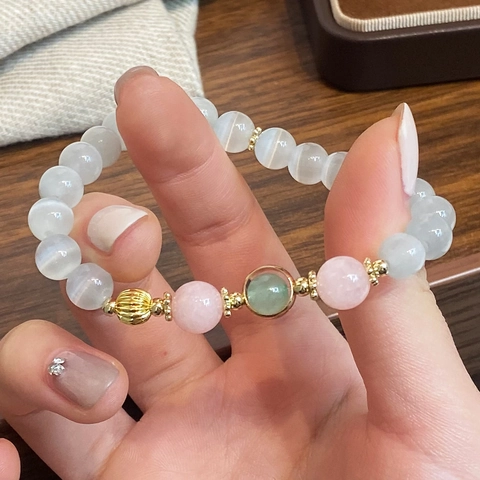 Bracciale Di Perline Fatto A Mano Pietra Occhio Di Gatto Quarzo Rosa Aventurina Verde Rame Placcato Oro 14K Elegante