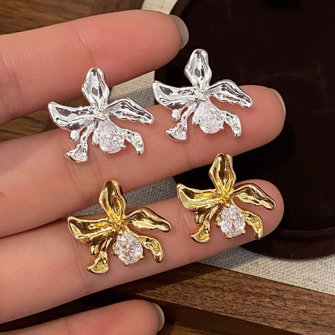 Vintage Orchid Flower Stud Earrings With 925 Sterling Silver Earring Post Copper Real Gold Plated Inlaid Pear Zircon Jewelry