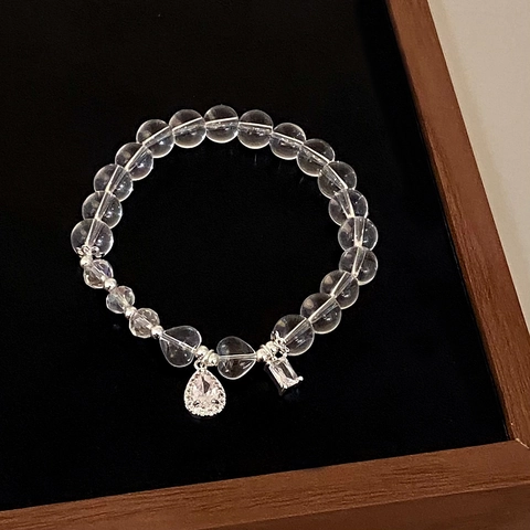 Bracciale Perline Cristallo Trasparente Ciondoli Lega Placcata Argento Cuore Fiore Fiocco Gioielli Minimalista Donne