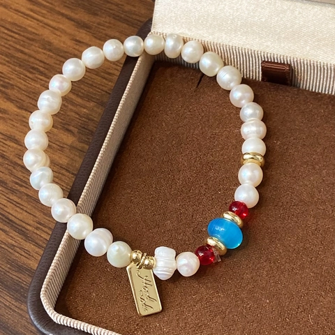 Pulsera De Perlas De Agua Dulce Estilo Chino Vintage Cobre Chapado En Oro De 14K Con Cuentas De Vidrio Azules Y Rojas Hecha A Mano