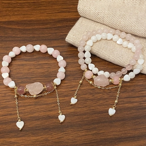 Pink Natural Strawberry Quartz Beaded Bracelet White Heart Shell Beads Irregular Raw Stone Gold Tassel Heart Pendant