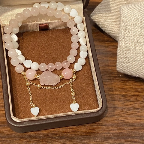 Pink Natural Strawberry Quartz Beaded Bracelet White Heart Shell Beads Irregular Raw Stone Gold Tassel Heart Pendant