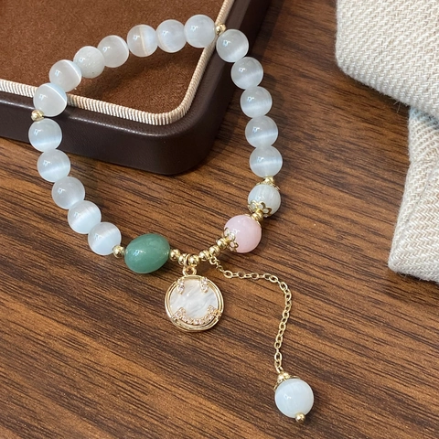 White Cat Eye Stone Beaded Bracelet Copper Gold Plated Mother Of Artificial Pearl Smiley Face Pendant Rhinestone Elegant Women Jewelry