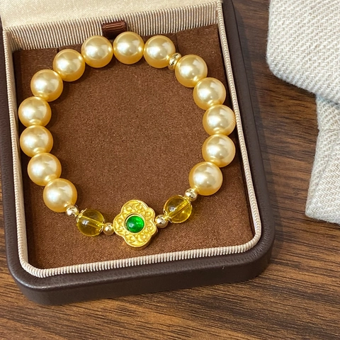 Gold Vergoldetes Kunstperlen Armband Mit Gelben Glasperlen Und Blumenanhänger Grüner Edelstein Vintage Chinesischer Stil Für Damen