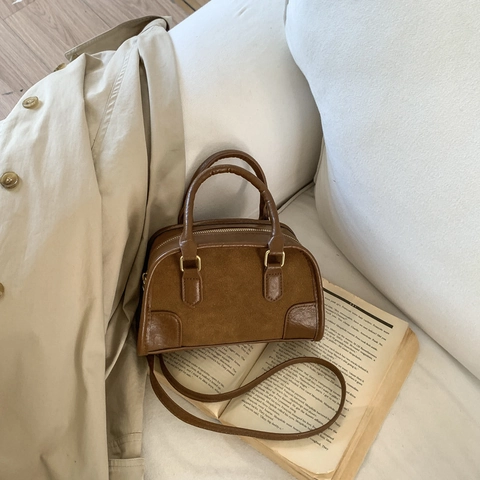 Vintage PU Wildleder Spleißen Bowling Schultertasche Für Damen Farbblock Pendeln Handtasche Minimalistisch Retro Umhängetasche
