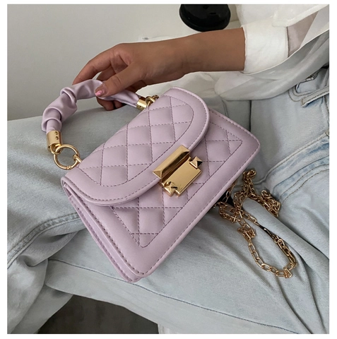 Borsa A Tracolla Trapuntata A Rombi Da Donna In Pelle PU Alla Moda Con Catena Dorata Manico Arricciato E Chiusura In Metallo