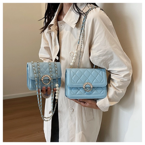 Borsa A Tracolla Trapuntata Da Donna Rombo Pelle PU Crossbody Mini Borsa Quadrata Tracolla Catena Künstliche Perle Fibbia Perla Artificial