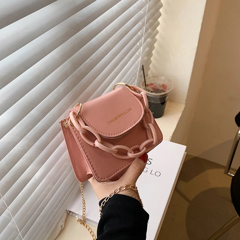 Women Trendy Candy Color Mini Square Flap Bag PU Leather Crossbody Bag With Decorative Thick Resin Chain And Metal Strap