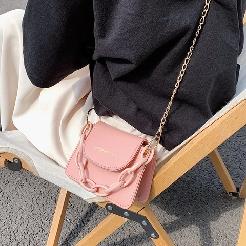 Women Trendy Candy Color Mini Square Flap Bag PU Leather Crossbody Bag With Decorative Thick Resin Chain And Metal Strap