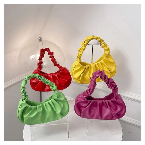 Bolso de Axila de Cuero PU Fruncido Elegante para Mujer Bolso de Hombro de Nube Plisado Moda Bolso de Mano Pequeño Color Sólido