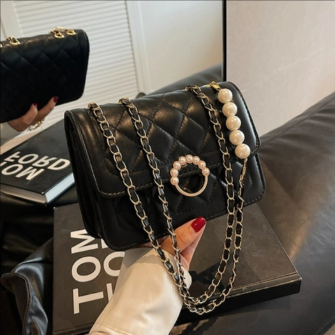 Borsa A Spalla Trapuntata Da Donna Pelle PU Elegante Fibbia Künstliche Perle Borsa A Tracolla Quadrata Con Catena Di Künstliche Perle