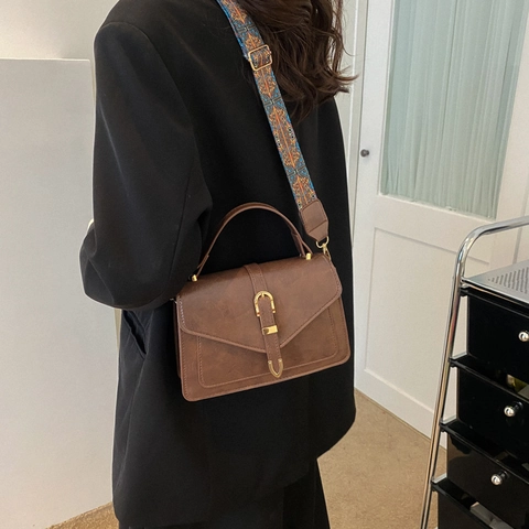 PU Leather Women Small Square Bag With Polyester Lining Wide Bohemian Strap Top Handle Shoulder Crossbody Messenger Purse