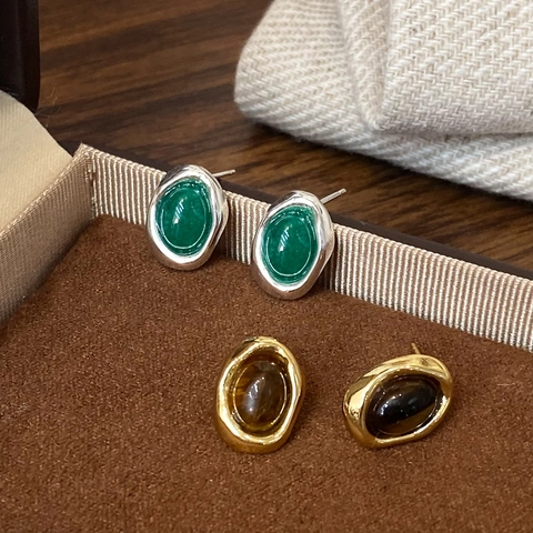 Boucles D'oreilles Puces Ovales Pierre Naturelle Laiton Plaqué Géométrique Rétro Minimaliste Bijoux Pour Femmes