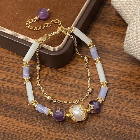Double Layer Bracelet Natural Amethyst Shell Beads Filigree Artificial Pearl 14K Gold Plated Copper Women Minimalist Vintage