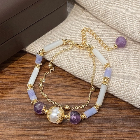 Double Layer Bracelet Natural Amethyst Shell Beads Filigree Artificial Pearl 14K Gold Plated Copper Women Minimalist Vintage
