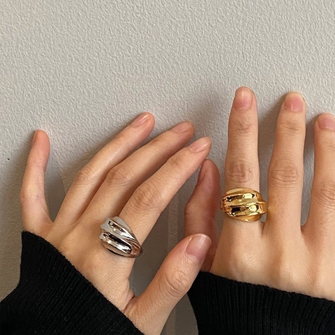 Irregular Wavy Open Ring Copper 18K Gold Plated 3D Wrinkled Texture Minimalist Adjustable Fashion Jewelry For Women