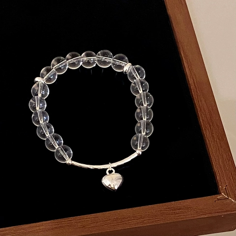 Clear Crystal Beaded Bracelet With Copper Heart Charm Silver Plated Elegant Sweet Style Jewelry Gift For Women