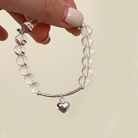 Clear Crystal Beaded Bracelet With Copper Heart Charm Silver Plated Elegant Sweet Style Jewelry Gift For Women
