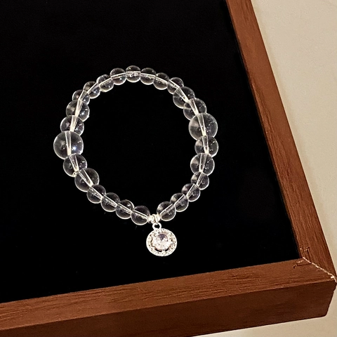 Weißes Kristall Perlenarmband Mit Geometrischem Zirkonia Rundem Anhänger Einfacher Eleganter Schmuck Für Damen Klar