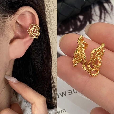 Irregular Lava Texture Rose Ear Cuff Copper Geometric No Piercing Earrings For Women Minimalist Design