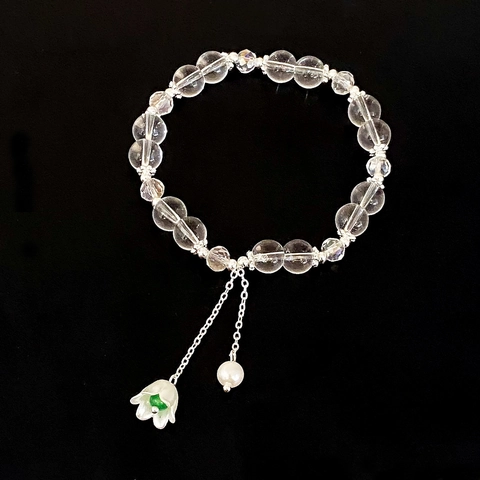 Bracciale Con Perline E Ciondolo Fiore Mughetto Künstliche Perle Di Cristallo Di Vetro Trasparente Finta Perla Artificial Placcato Argento Gioielli Dolci