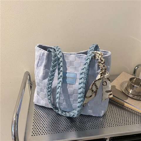 Woven Tote Bag Große Kapazität Schachbrettmuster Schulterhandtasche Mit Satinnschal Chic Lässig Für Frauen