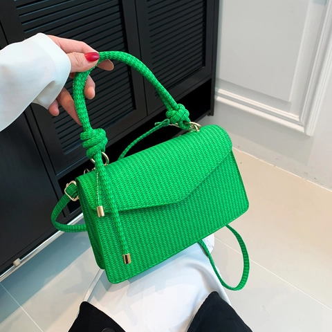Bolso de Hombro de Cuero PU con Textura Tejida para Mujer Elegante Asa de Nudo Bolso Bandolera Cuadrado Minimalista Retro Solapa