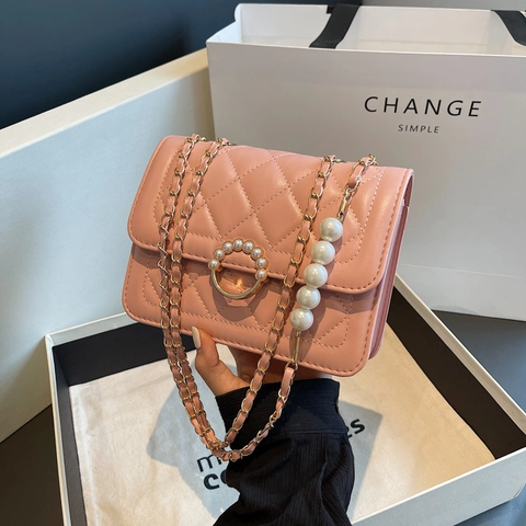 Borsa A Tracolla Trapuntata Da Donna Pelle PU Fibbia Cerchio Perla Artificial Moda Catena Metallo Borsa A Spalla