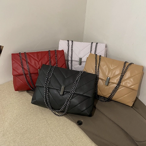 Chevron Quilted Shoulder Bag PU Leather Elegant Metal Chain Crossbody Messenger Trendy Retro Style Square Flap For Women