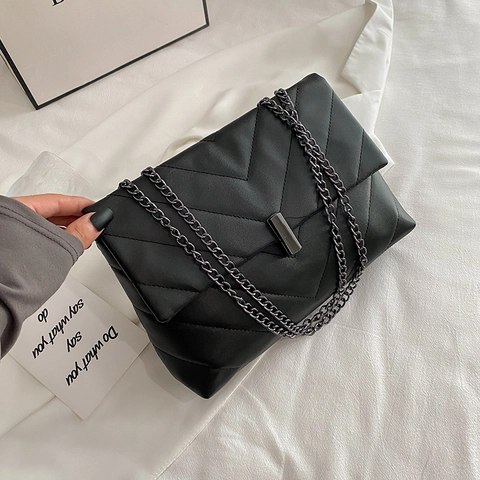 Chevron Quilted Shoulder Bag PU Leather Elegant Metal Chain Crossbody Messenger Trendy Retro Style Square Flap For Women