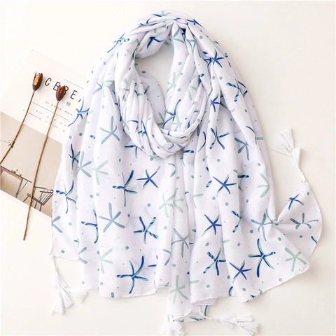 Women Lightweight Scarf Cotton Polyester Blend Starfish Print Soft Tassel Shawl Sea Style Beach Wrap Travel Summer