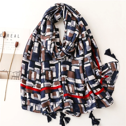Women Geometric Print Long Scarf Soft Polyester Patchwork Shawl With Tassels Lightweight Sun Protection Beach Wrap